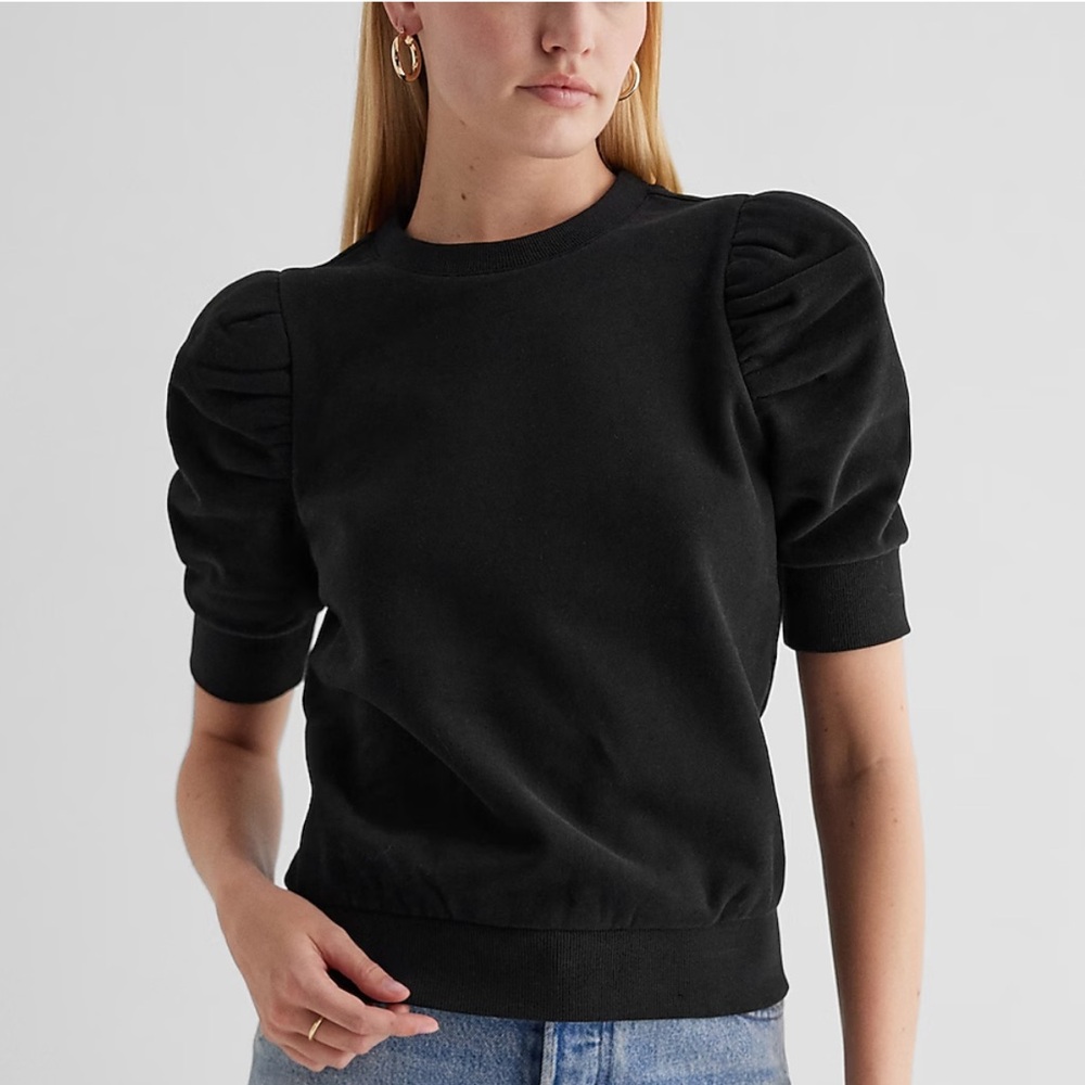Black Crew Neck Short Puff Sleeve Fleece Sweatshirt | express womens new